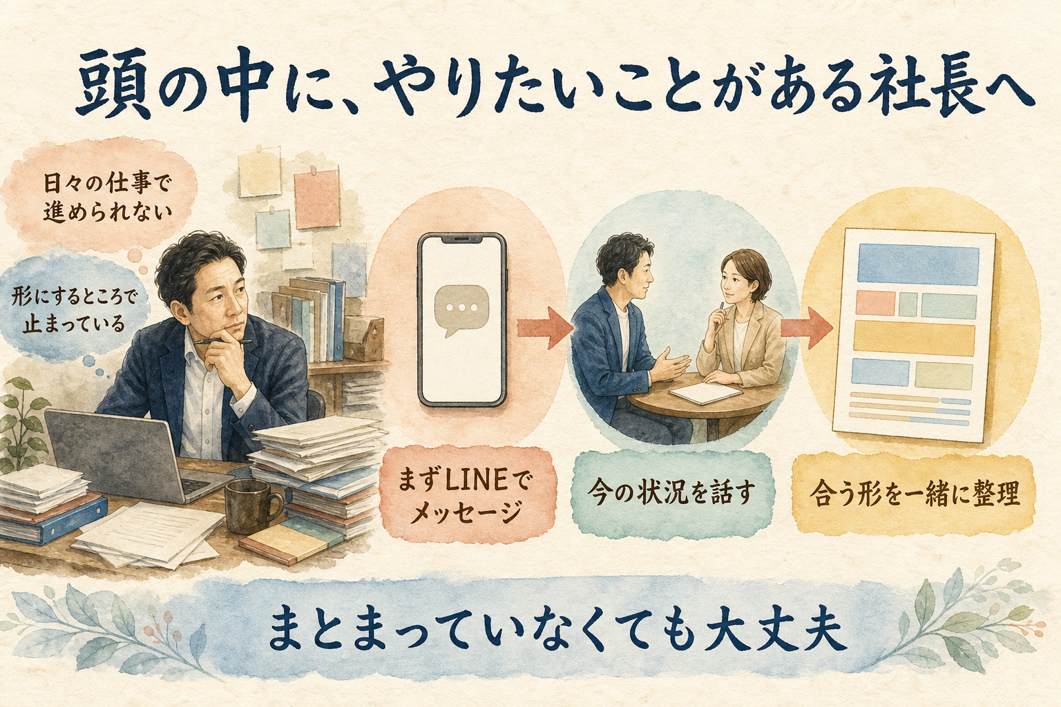 忙しい社長がLINEで相談し頭の中のアイデアを合う形へ整理する流れ PC版